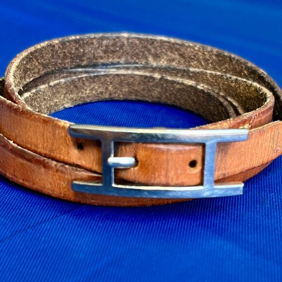 HERMES VINTAGE BEHAPI LEATHER / PALLADIUM 4 WRAP BRACELET